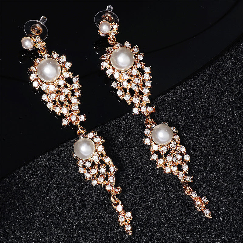 Venta al por mayor Pendientes Rhinestone Aleación Premium Rhinestone Pendientes largos Pendientes de perlas OLY-ES-HX005